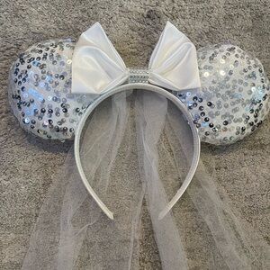 Bridal Glitter Silver Sequin Mickey Minnie Mouse Ears Headband with Bow and Veil
